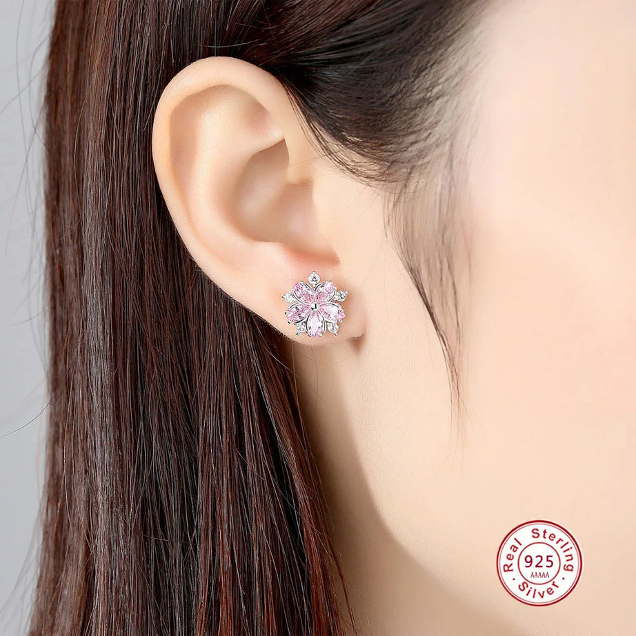 Pink Crystal Sakura Snowflake Stud Earrings Jewelry