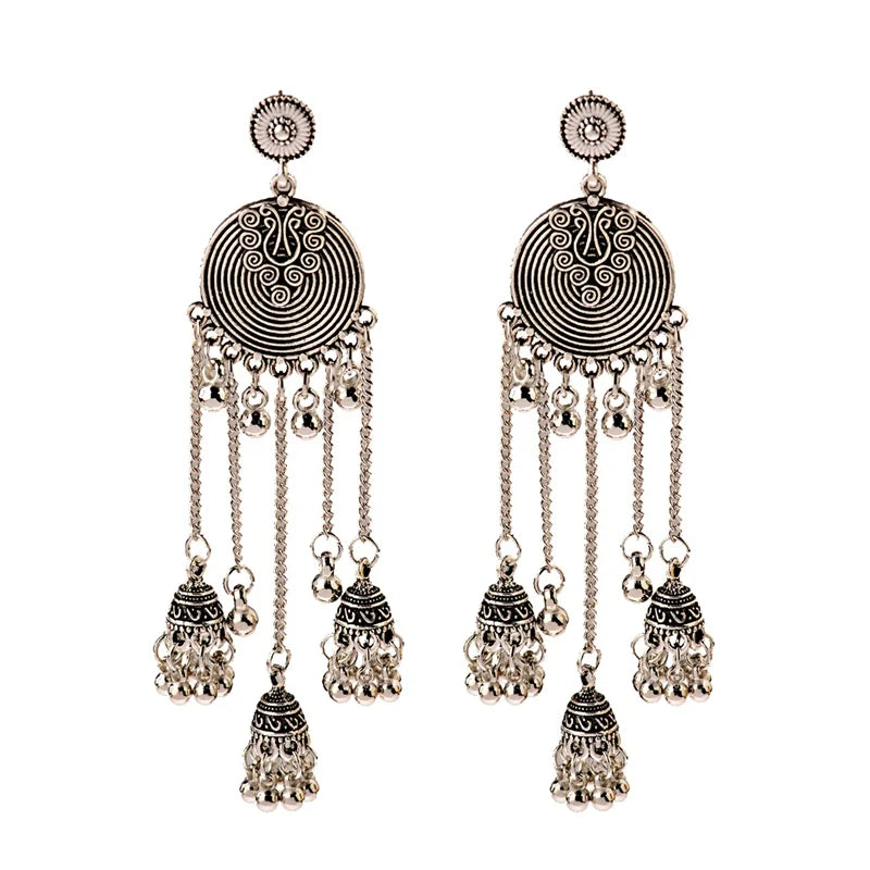 Indian Jhumka Earrings Gold Sliver Color Big Bells Drop Long Tassel Earring For Women Boho Gypsy Jewelry Gift