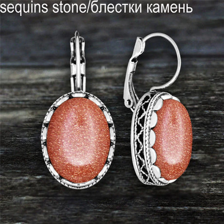 Oval Amethysts Earrings For Women Tibetan Silver Natural Stone Rose Quartz Lapis Lazuli Tiger Eye Fashion Earring - Charlie Dolly