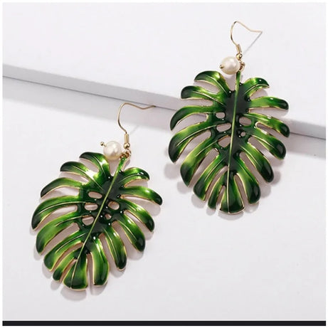Green Enamel Coconut Leaf Pearl Drop Earrings Jewelry