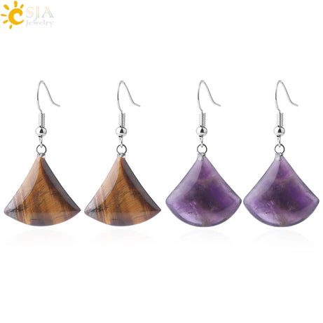 1pc Natural Stone Drop Earrings for Women Small Fan-shaped Earring Purple Pink Quartz Lapis Lazuli Crystal Tiger Eye F828 - Charlie Dolly