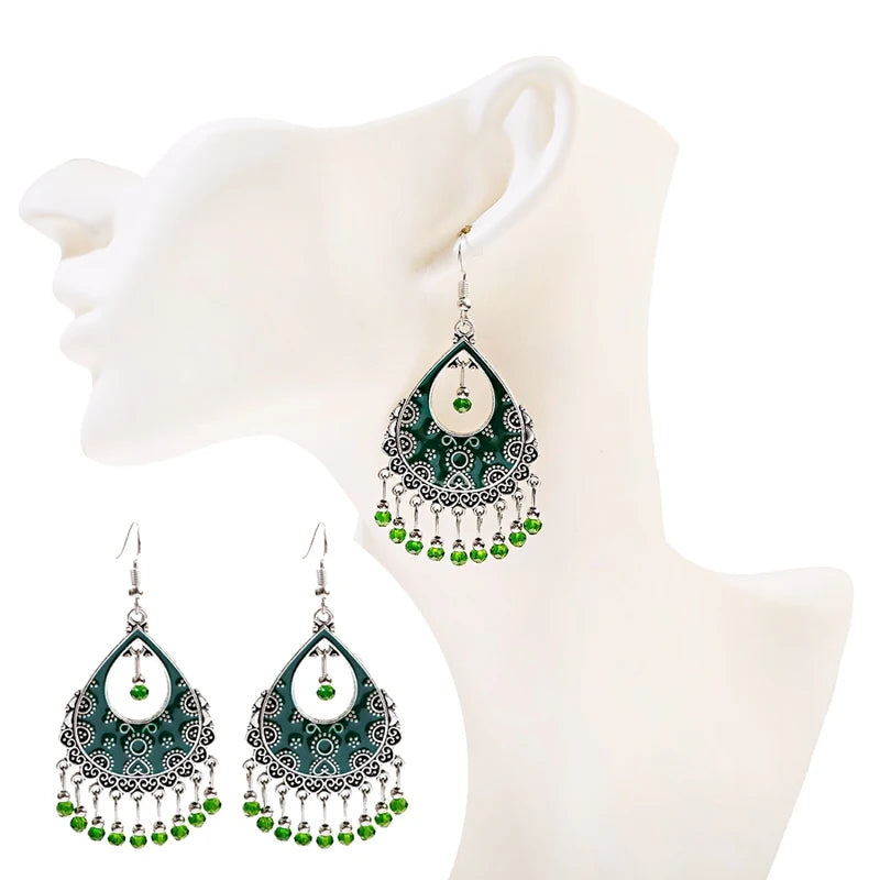 خمر الخرز الأحمر شرابة أقراط الزفاف الهندي Jhumka العتيقة بوهو الفضة اللون زهرة منحوتة إسقاط أقراط Brincos مجوهرات