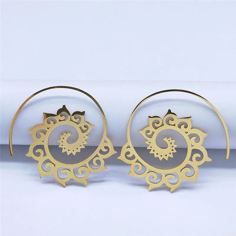 Indian Tribal Ethnic Stainless Steel Spiral Hoop Earrings Bohemian Mandala Flower Boho Earrings Women  Jewelry aros mujer E9205