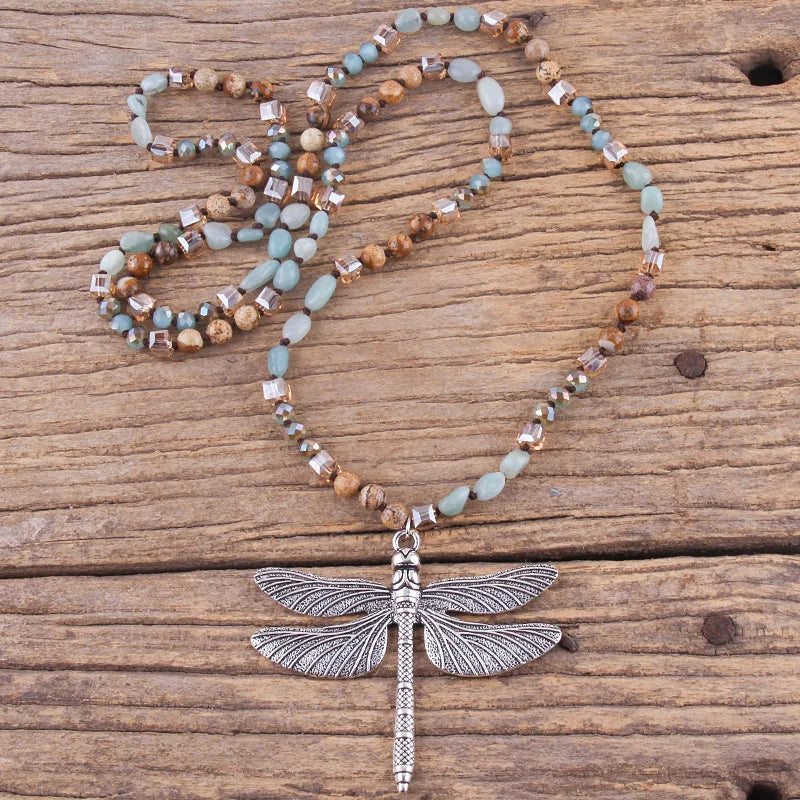 Dragonfly Knotted Stone Pendant Necklace Jewelry