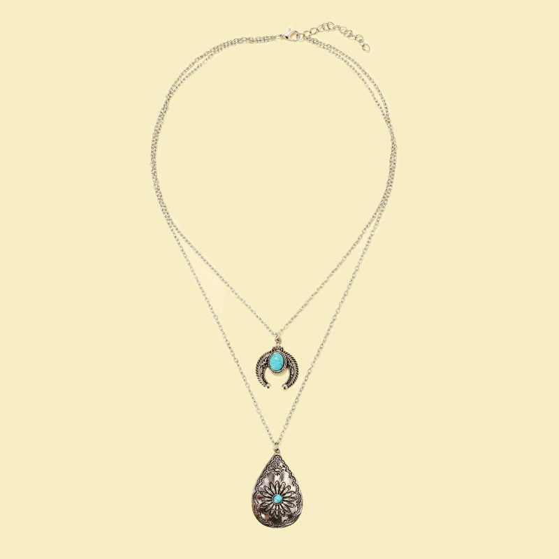 JK439FJ December Birthstone Boho Style Turquoise Necklace Double-layer Wedding Gift Item Waterdrop Flower Carved Turquoise Stone