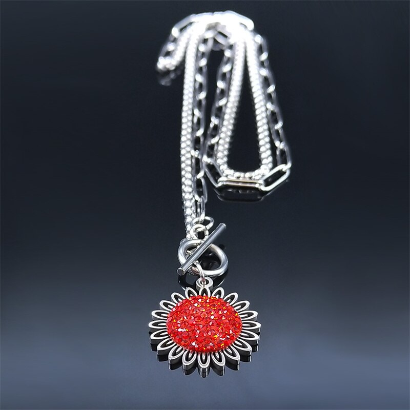 Fashion Sunflower Red Crystal Stainless Steel Chain Necklace Women/Men Bohemian Small Daisy Pearl Chain Collar Jewelry N4905S06