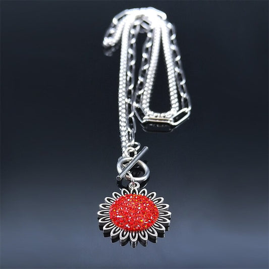 Fashion Sunflower Red Crystal Stainless Steel Chain Necklace Women/Men Bohemian Small Daisy Pearl Chain Collar Jewelry N4905S06 - Charlie Dolly