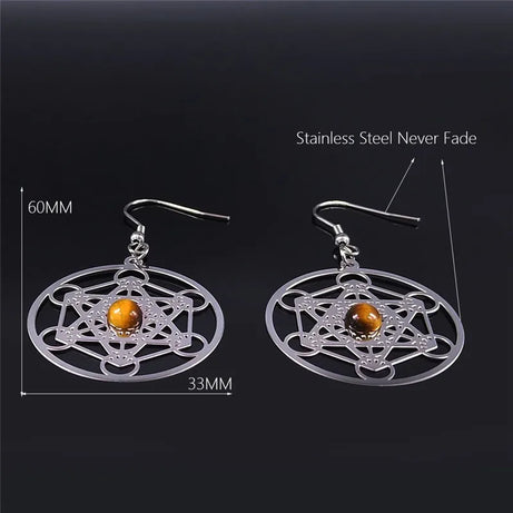 Boho Tiger Eye Metatron Tree Flower of Life Hamsa Hand Sacred Geometry Earring Stainless Steel Natural Stone Earrings Jewelry - Charlie Dolly