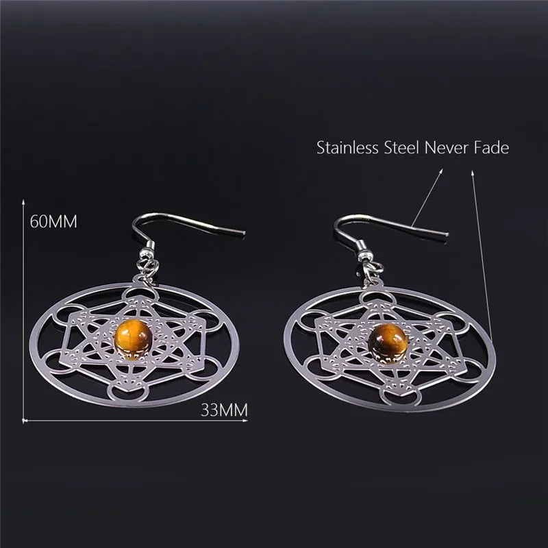 Boho Tiger Eye Metatron Tree Flower of Life Hamsa Hand Sacred Geometry Earring Stainless Steel Natural Stone Earrings Jewelry