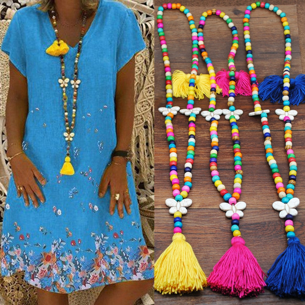 Yumfeel New Bohemian Necklace Handmade Stones Tassels Wood Beads Necklace Long Women Jewelry Gifts - Charlie Dolly