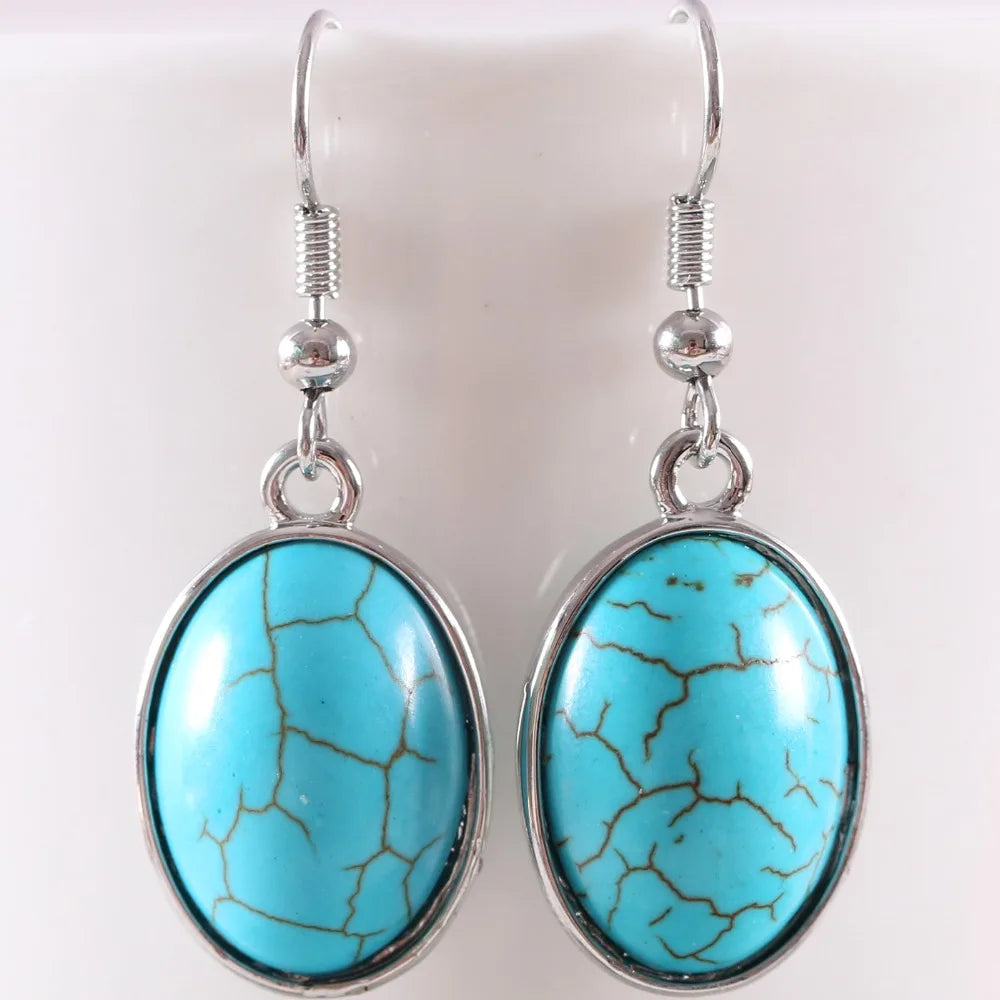 Natural Stone White Opal Howlite Dangle Earrings for Women Gem Blue Lapis Cabochon CAB Oval Beads Drop Earrings