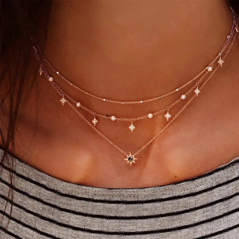 Moon Cross Tree Star Layered Choker Necklace Jewelry
