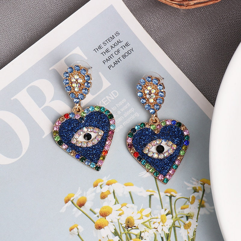 JUJIA Trendy Ethnic Love Heart Shape Evil Eye Drop Earrings For Women Vintage Statement Crystal Dangle Earring Jewelry Gift - Charlie Dolly