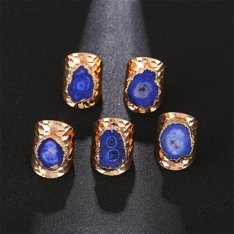 Boho Irregular Natural Stone Agate Slices Sunflower Wide Open Ring for Women Gold Plated Resizable Finger Jewelry - Charlie Dolly