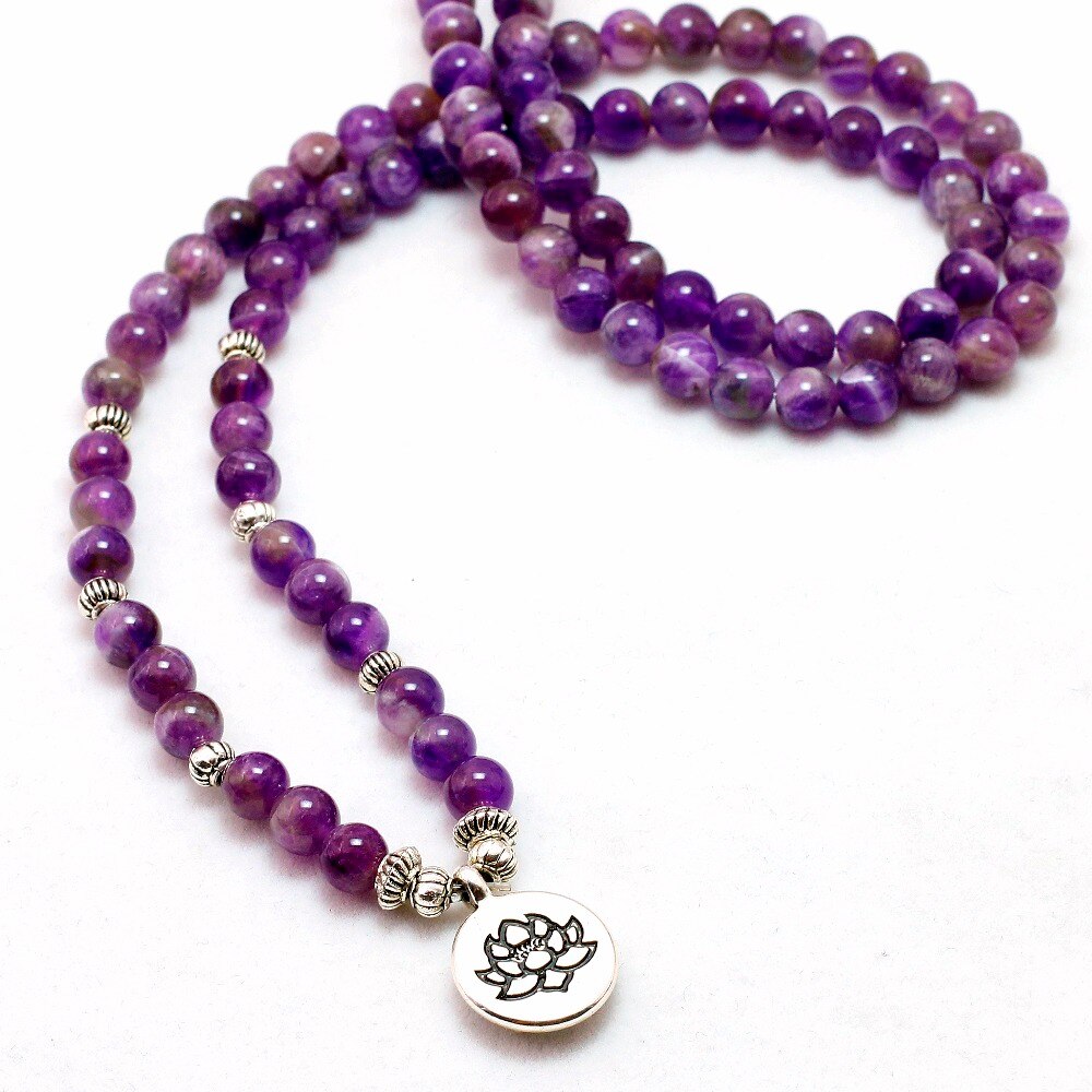 Natural Purple Crystal Chakra 108 Buddha Mala Bracelet or Necklace Yoga Mala Stone Bracelet for Women Lotus Jewelry - Charlie Dolly