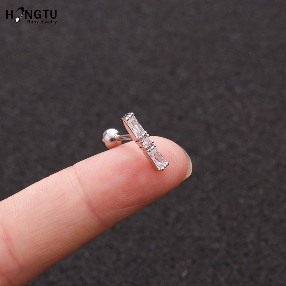 HONGTU 1PC Copper Flower Heart Moon Zircon Tragus Ear Piercing Surgical Steel Shaft Bar Daith Earrings Helix Cartilage Studs 16g - Charlie Dolly