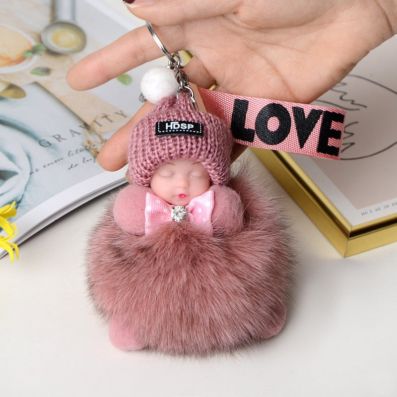 Pompom Sleeping Baby Keychain Cute Fluffy Plush Doll Keychains Women Girl Bags Keyrings Cars Key Ring  Gift Charming  Decoration - Charlie Dolly