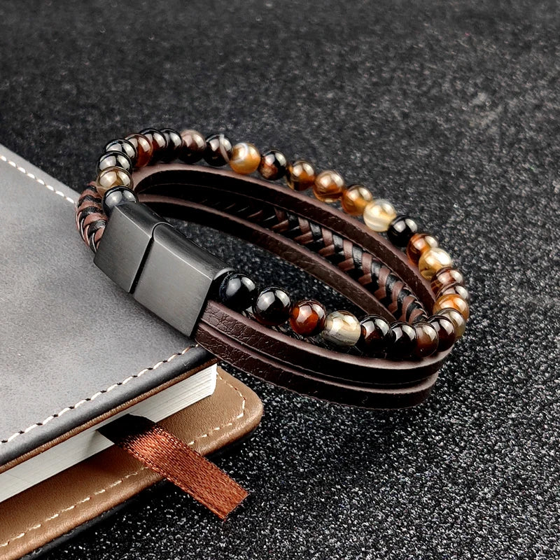 Boho Jewelry Beads Leather Charm Bracelet for Men Women Stainless Steel Natural Stone Rosary love Bracelet Bangle  Gift Wholesal