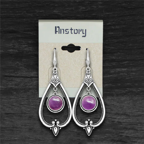 Round Amethysts Drop Earrings For Women Tibetan Silver Natural Stone Rose Quartz Lapis Lazuli Tiger Eye Fashion Dangle Earring - Charlie Dolly