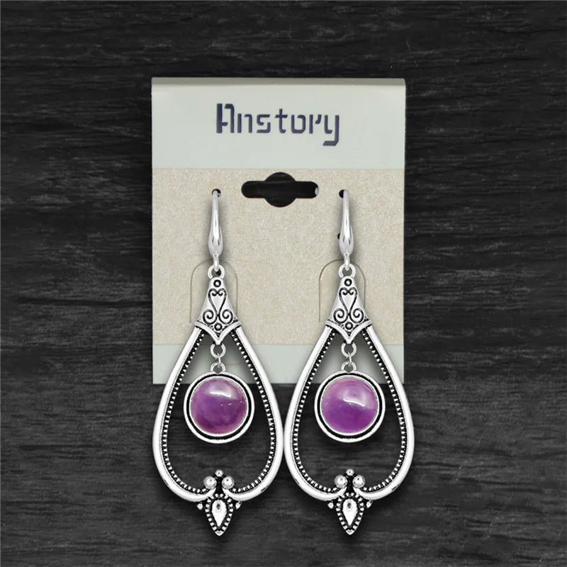 Round Amethysts Drop Earrings For Women Tibetan Silver Natural Stone Rose Quartz Lapis Lazuli Tiger Eye Fashion Dangle Earring
