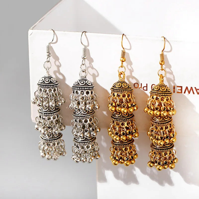 أقراط هندية على شكل أجراس فضية اللون عرقية للنساء أقراط Jhumka التركية العتيقة مجوهرات بوهو بيجو
