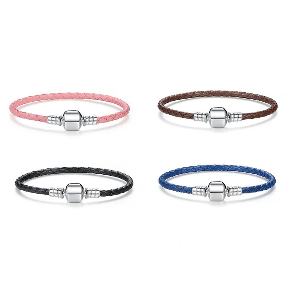 BAMOER Genuine Long Double Pink Black Braided Leather Chain Women Bracelets with 925 Sterling Silver Snake Clasp PAS908 - Charlie Dolly
