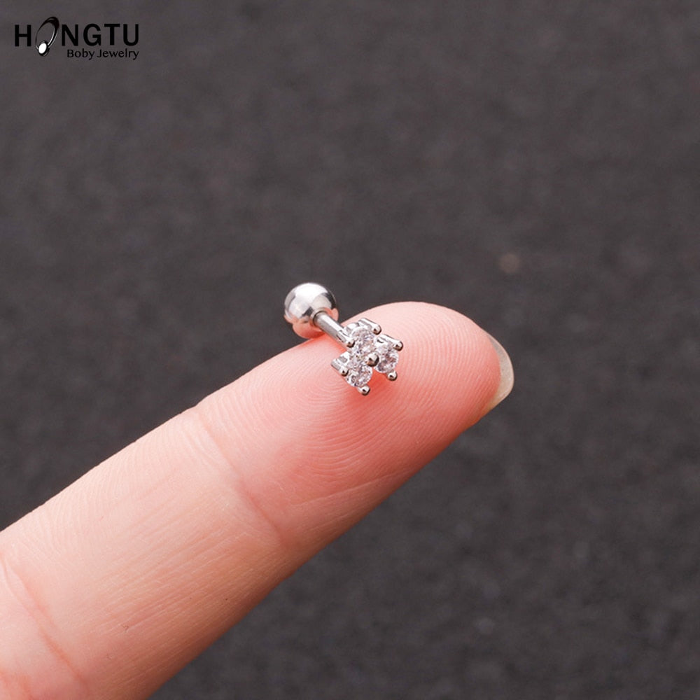 HONGTU 1PC Copper Flower Heart Moon Zircon Tragus Ear Piercing Surgical Steel Shaft Bar Daith Earrings Helix Cartilage Studs 16g - Charlie Dolly