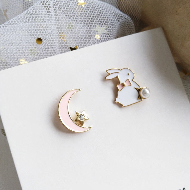 Cute Fashion Asymmetric Cat Rabbit Moon Star Stud Earrings For Women Girls Fan Flower Heart Fish Eardrop Wedding Dangle Jewelry - Charlie Dolly