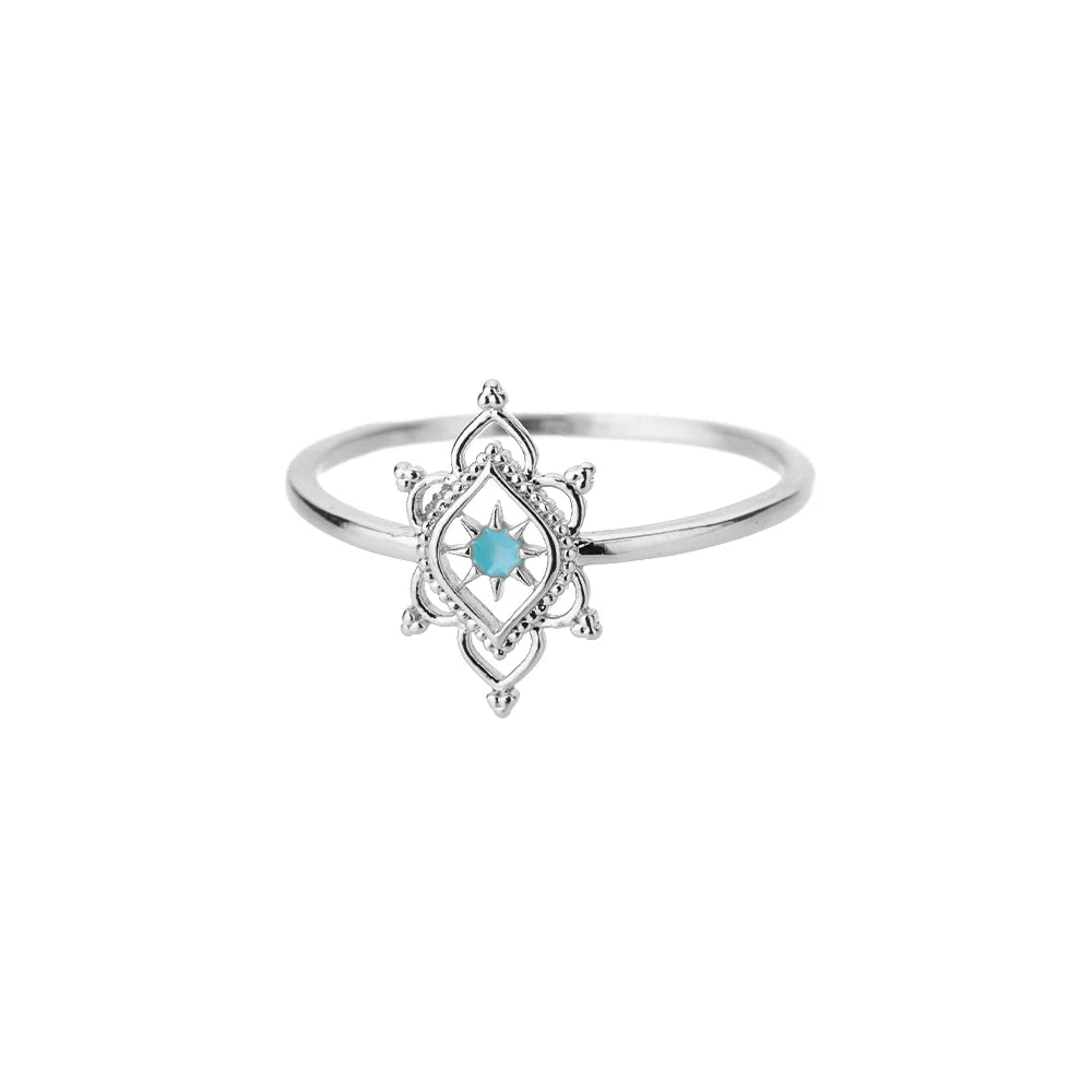Hexagon Star Ring Blue Lotus Flower Rings For Women Gold Color Stainless Steel Opal Natural Stone Ring Boho Jewelry Gift