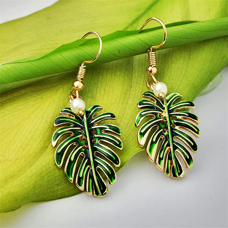 Boho Tropical Green Enamel Coconut Leaf Pearl Drop Earrings For Women Jewelry Statement Brincos Gold Dangle Earings Mujer Bijoux