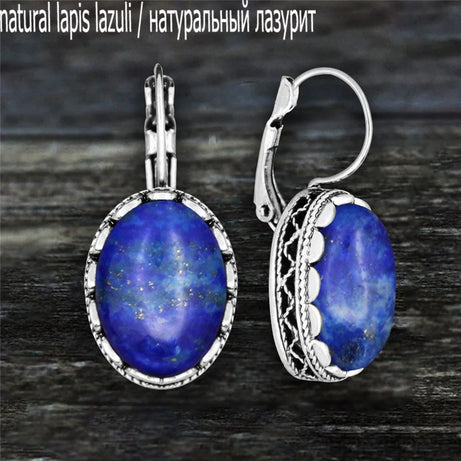 Oval Amethysts Earrings For Women Tibetan Silver Natural Stone Rose Quartz Lapis Lazuli Tiger Eye Fashion Earring - Charlie Dolly
