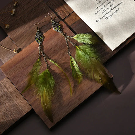 Feather Rhinestone Chain Tassel Long Earrings Jewelry