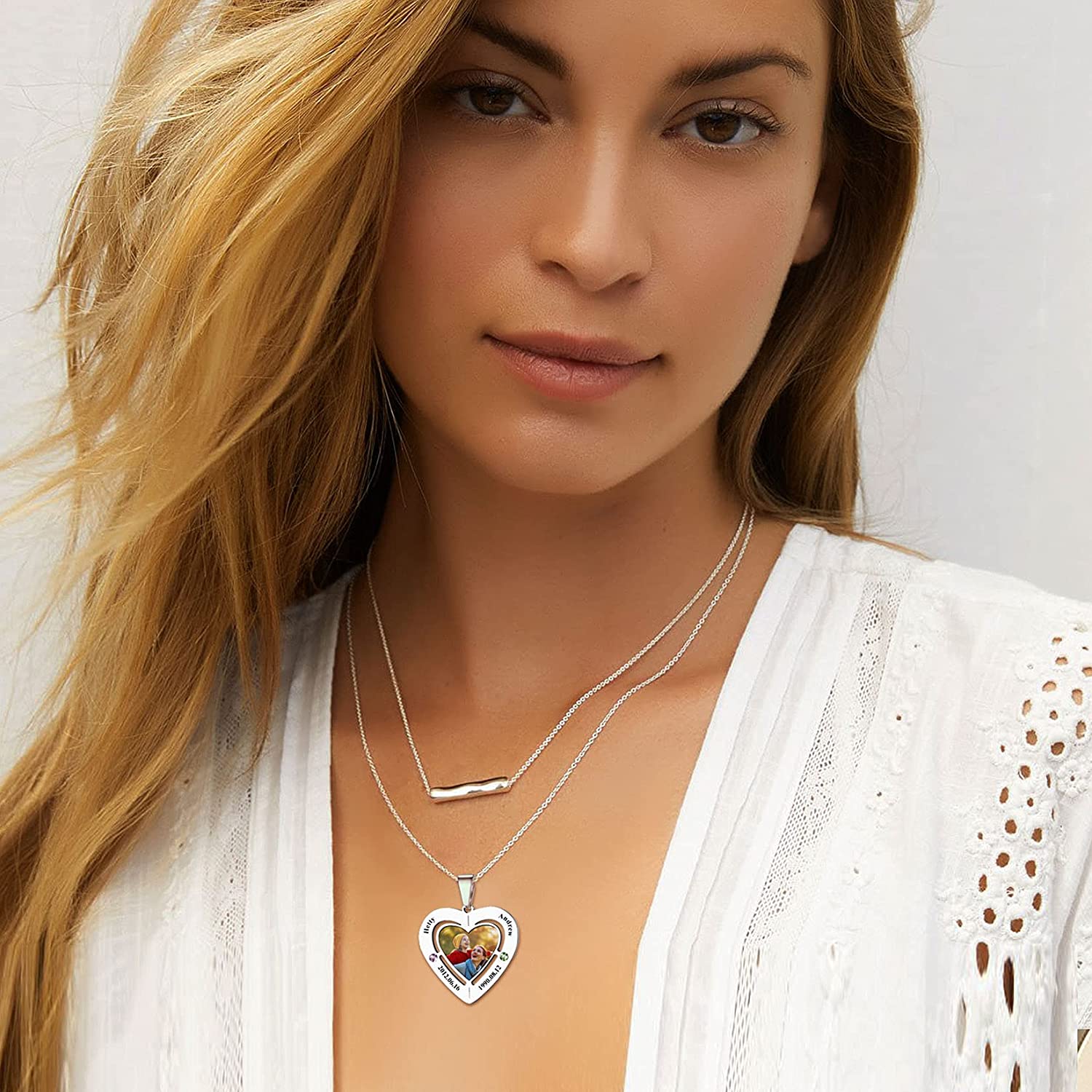 U7 Heart Necklace with 2-3 Birthstone Name Engraved Stainless Steel Custom Picture Pendant Necklaces for Women Girl - Charlie Dolly