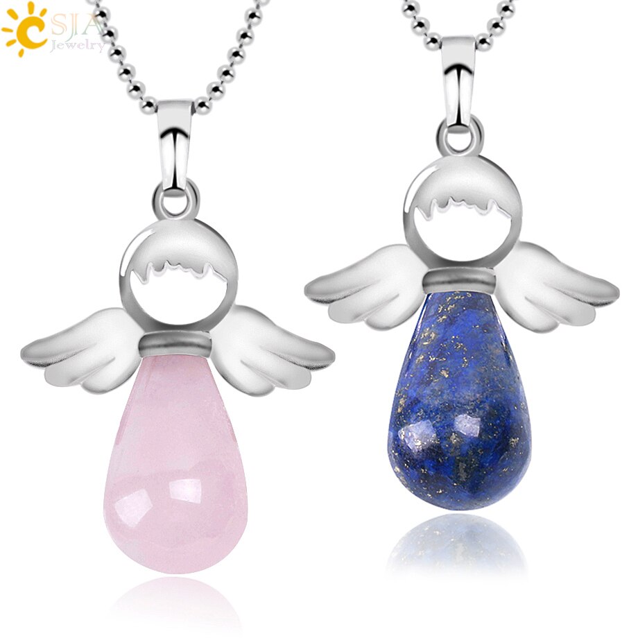 CSJA Angel Natural Stone Necklaces Pink Quartz Lapis Lazuli Necklace Angels Pendants for Women Purple Female Jewelry E947