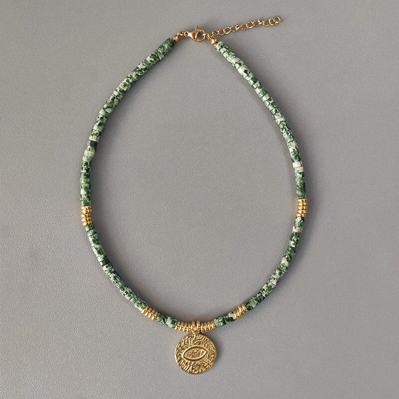 Hand-Made Exquisite Natural Stone Beaded Necklace Charm Eye Pattern Accessory Pendant Women Retro Fashion Neck Jewelry Колье - Charlie Dolly