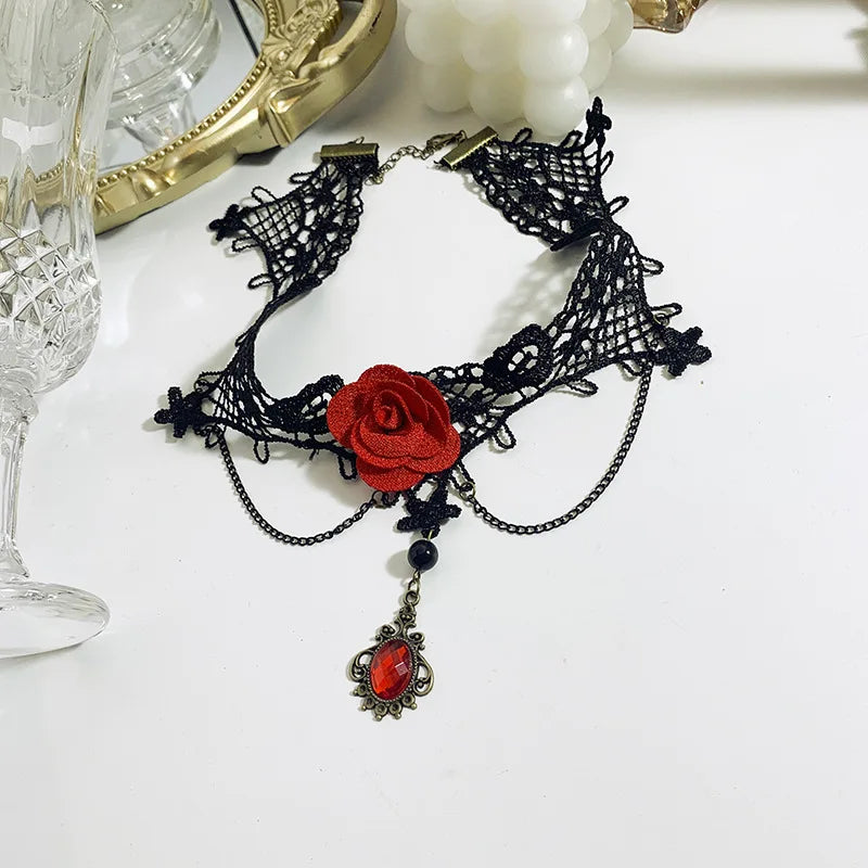 Party Jewelry Gothic Black Beaded Flowers Sexy Lace Neck Choker Necklace Vintage Tassel Chain Women Steampunk Halloween Jewelry - Charlie Dolly