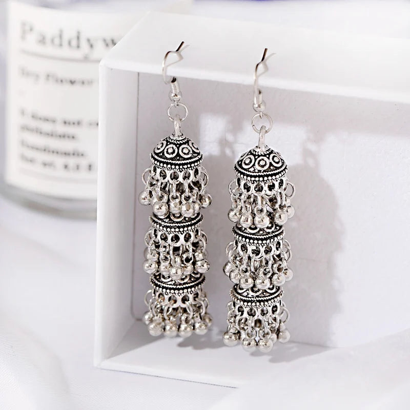 أقراط هندية على شكل أجراس فضية اللون عرقية للنساء أقراط Jhumka التركية العتيقة مجوهرات بوهو بيجو