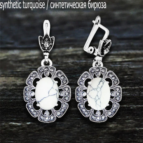 Vintage Plumflower Natural Jades Quartz Earrings For Women Antique Silver Plated Lapis Lazuli Tiger Eye Stone Fashion Earring - Charlie Dolly