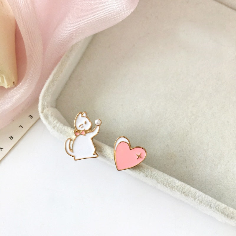 Cute Fashion Asymmetric Cat Rabbit Moon Star Stud Earrings For Women Girls Fan Flower Heart Fish Eardrop Wedding Dangle Jewelry - Charlie Dolly