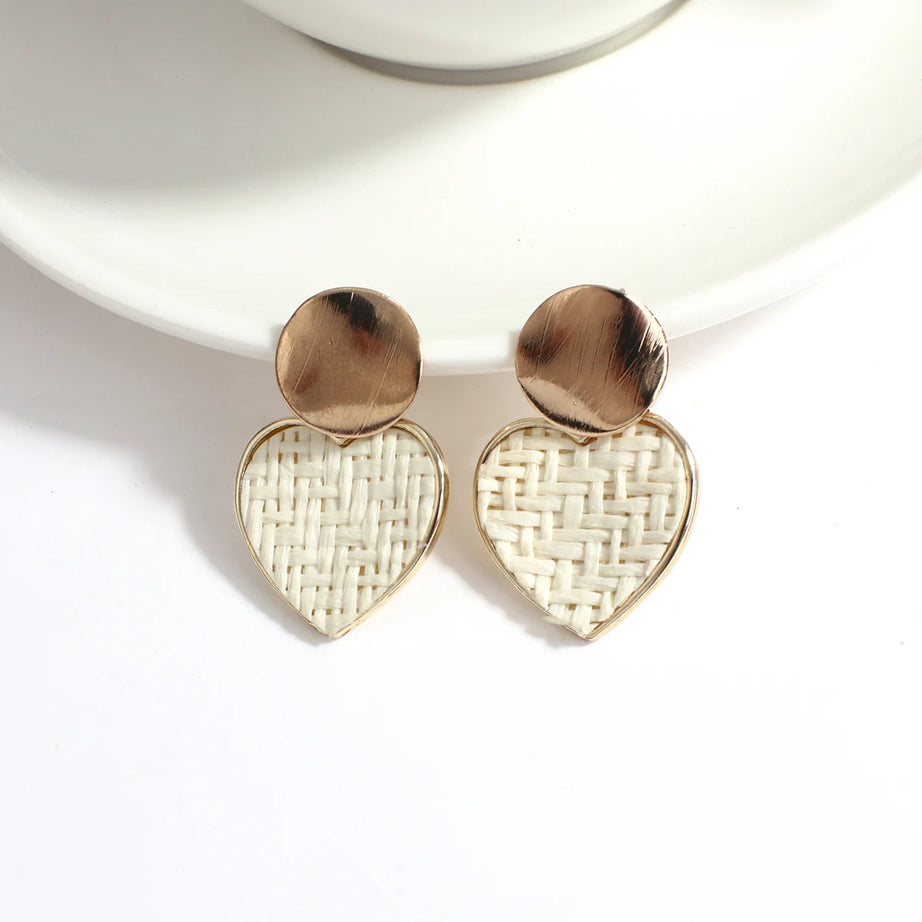 Wooden Rattan Braid Geometric Drop Earrings Jewelry