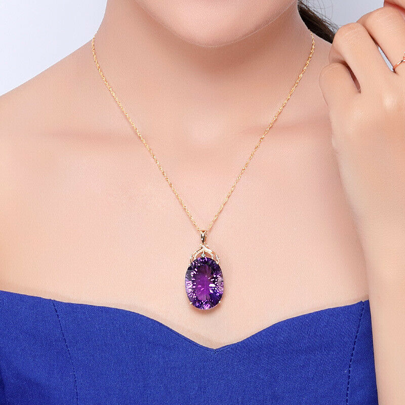Gemstone Charm18k Gold Plated 36CT Amethyst Color Oval Crystal Pendant Necklace Lady Wedding Jewelry - Charlie Dolly