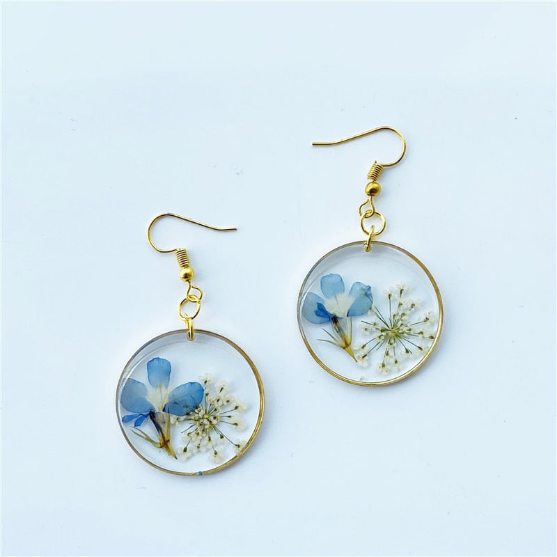 Creative Real Flower Earring Unique Round Dried Flower Drop Earrings Real Floral Sweet Earring For Women Gifts Summer Jewelry