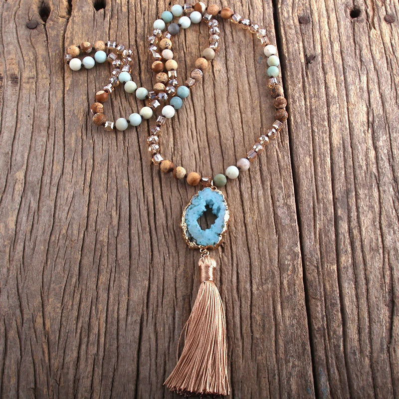 Knotted Druzy Stone Tassel Necklace Jewelry