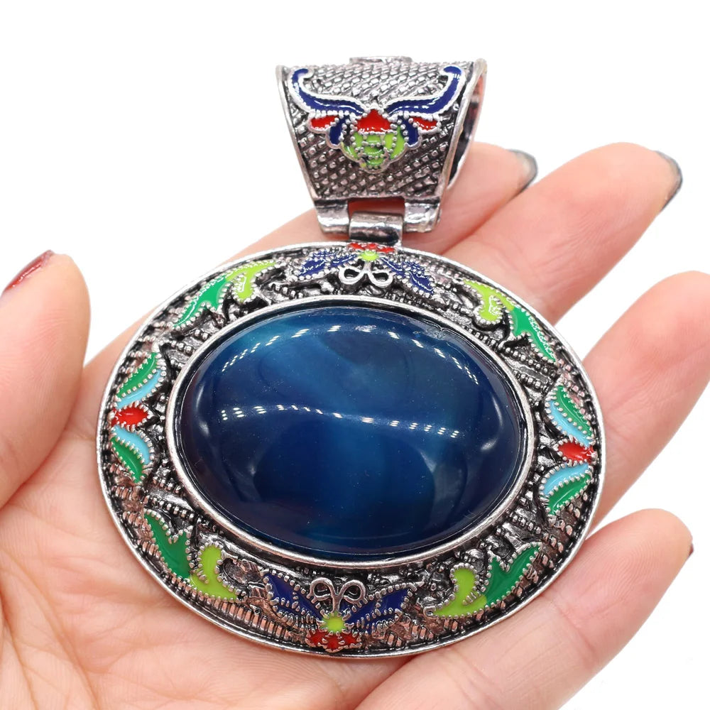 Vintage Ethnic Natural Stone Crystal Agates Charms Elliptical Boho Abalone Shell Pendant for Jewelry Making DIY Necklace Gift