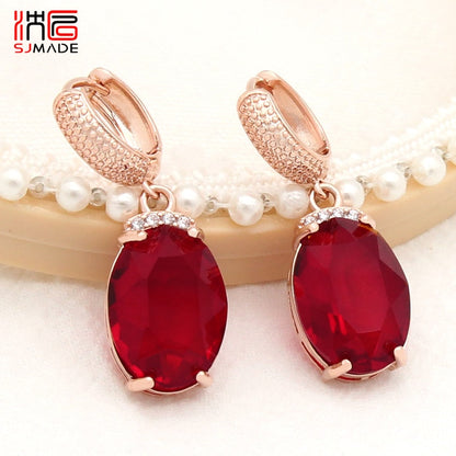 SHENJIANG New Fashion Oval Large Pink Opal Dangle Earrings For Women Wedding Jewelry 585 Rose Gold Color Zirconia Eardrop