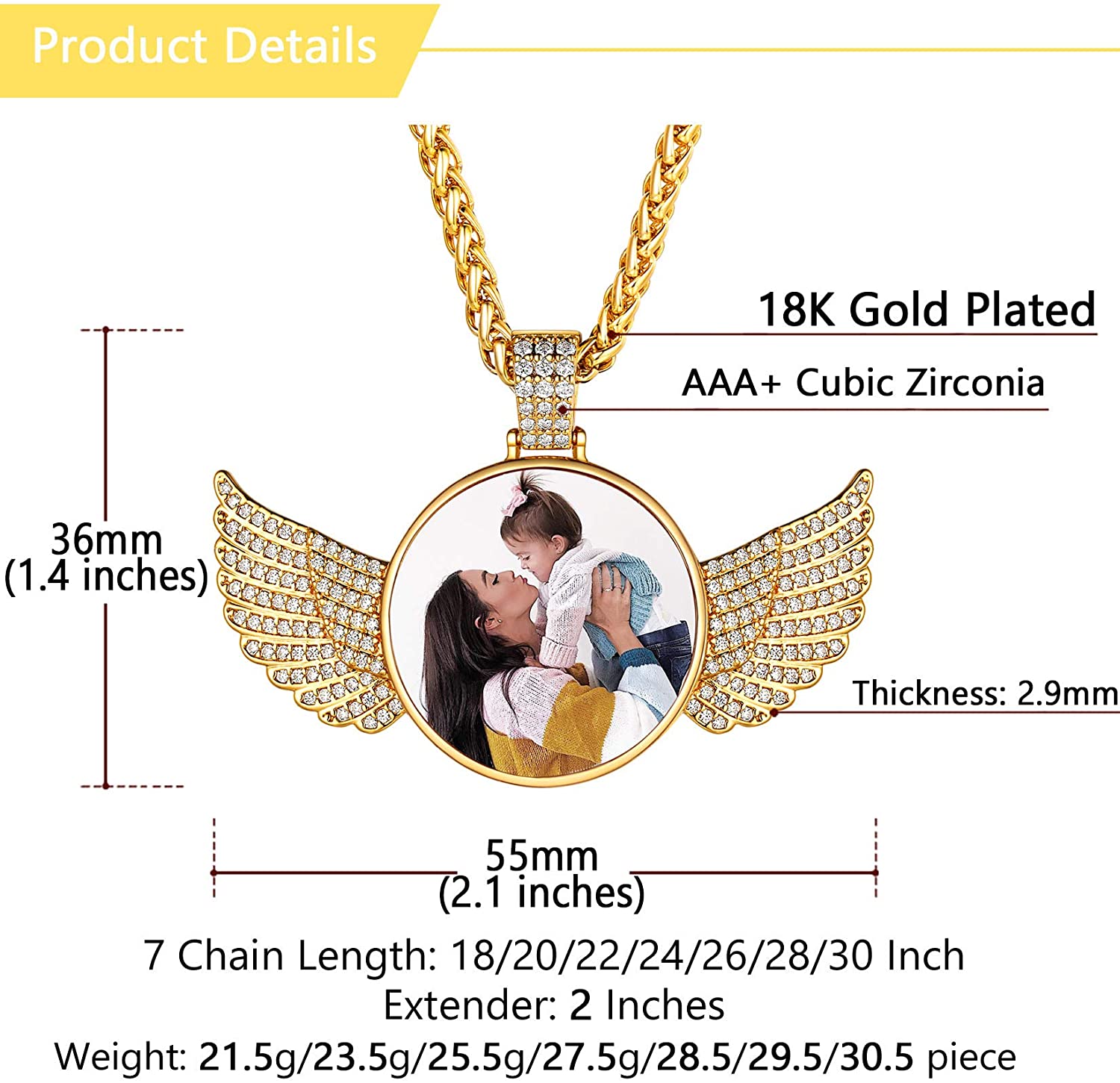 U7 Iced Out Custom Picture Necklace With Wings Bling Jewelry DIY Full CZ Pendant Personalized Hip Hop Necklace for Women Men - Charlie Dolly