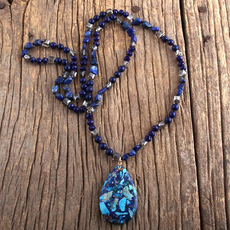 RH Fashion Bohemian Jewelry 6mm Natural Stones Crystal With Semi Precious Dorp Pendant Necklaces For Boho Necklace