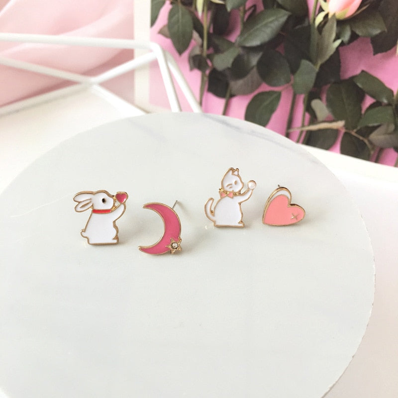 Cute Fashion Asymmetric Cat Rabbit Moon Star Stud Earrings For Women Girls Fan Flower Heart Fish Eardrop Wedding Dangle Jewelry - Charlie Dolly