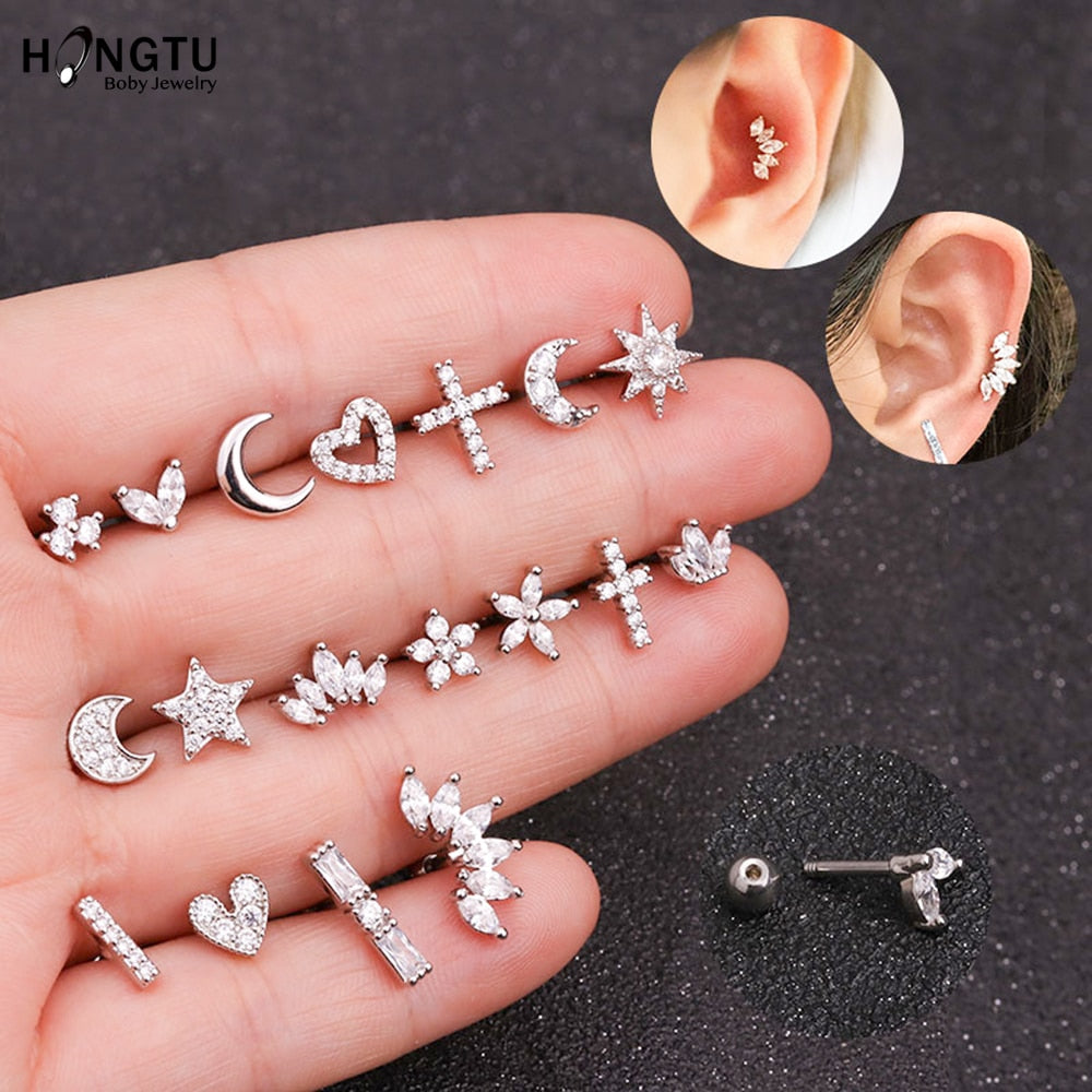 HONGTU 1PC Copper Flower Heart Moon Zircon Tragus Ear Piercing Surgical Steel Shaft Bar Daith Earrings Helix Cartilage Studs 16g - Charlie Dolly