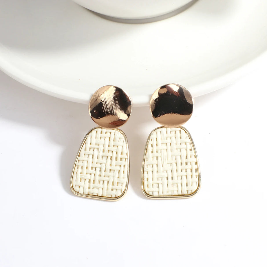 Wooden Rattan Braid Geometric Drop Earrings Jewelry
